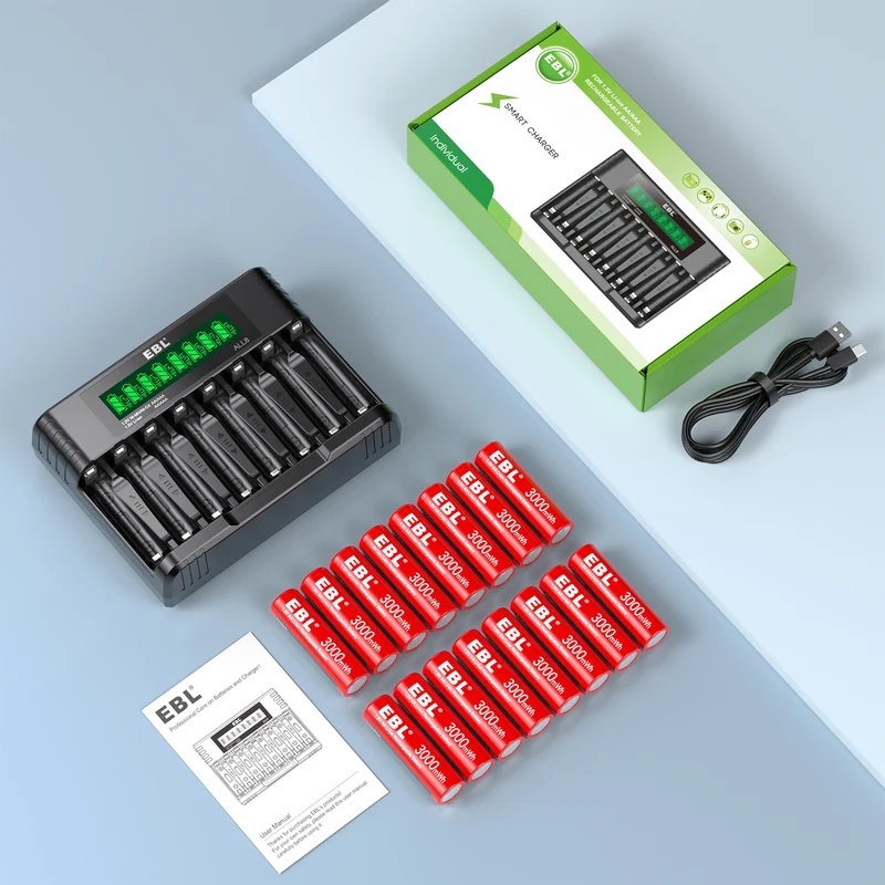 EBL 1.5V Rechargeable Lithium AA AAA Batteries with 8-Bay Charger for Toys, Remotes & Game Controllers