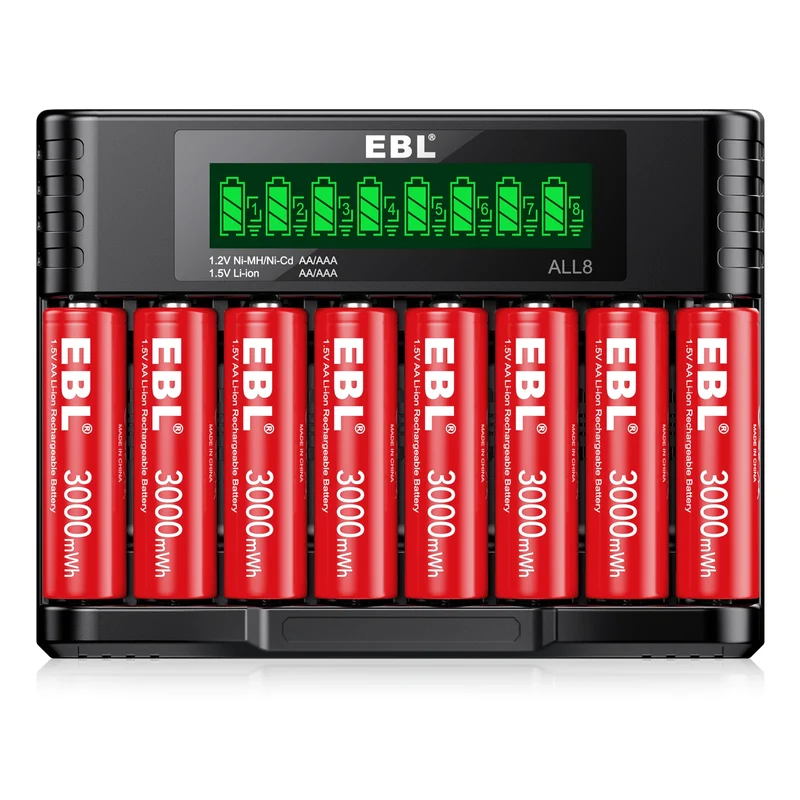 EBL 1.5V Rechargeable Lithium AA AAA Batteries with 8-Bay Charger for Toys, Remotes & Game Controllers