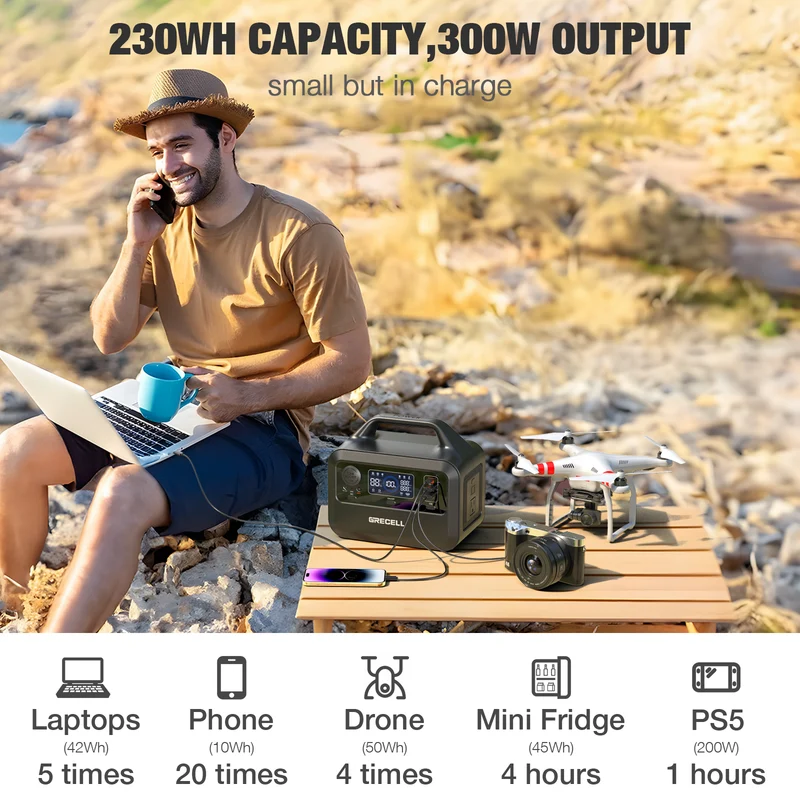 300W Portable Power Station, 230Wh LiFePO4 Solar Generator with 60W USB-C PD, 110V AC Outlet for Camping, RV, Travel, Outdoor, Emergency Home Backup & Off-Grid Power