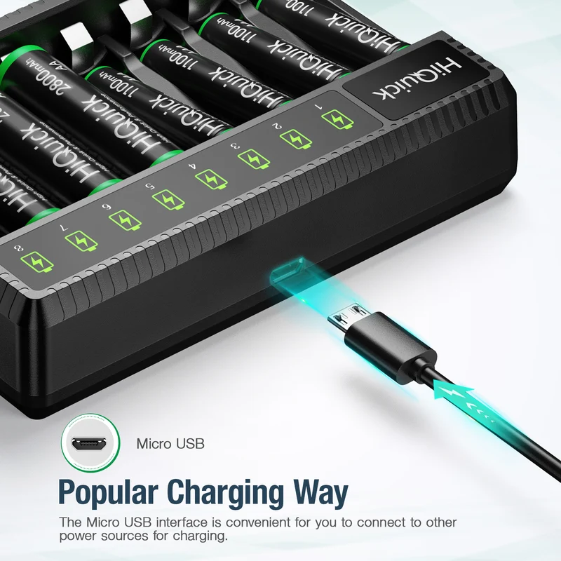 HiQuick 8 Bay Smart Battery Charger with AA & AAA Rechargeable Batteries- Fast Charging Household and 2800mAh Batteries 4 Pack 1100mAh