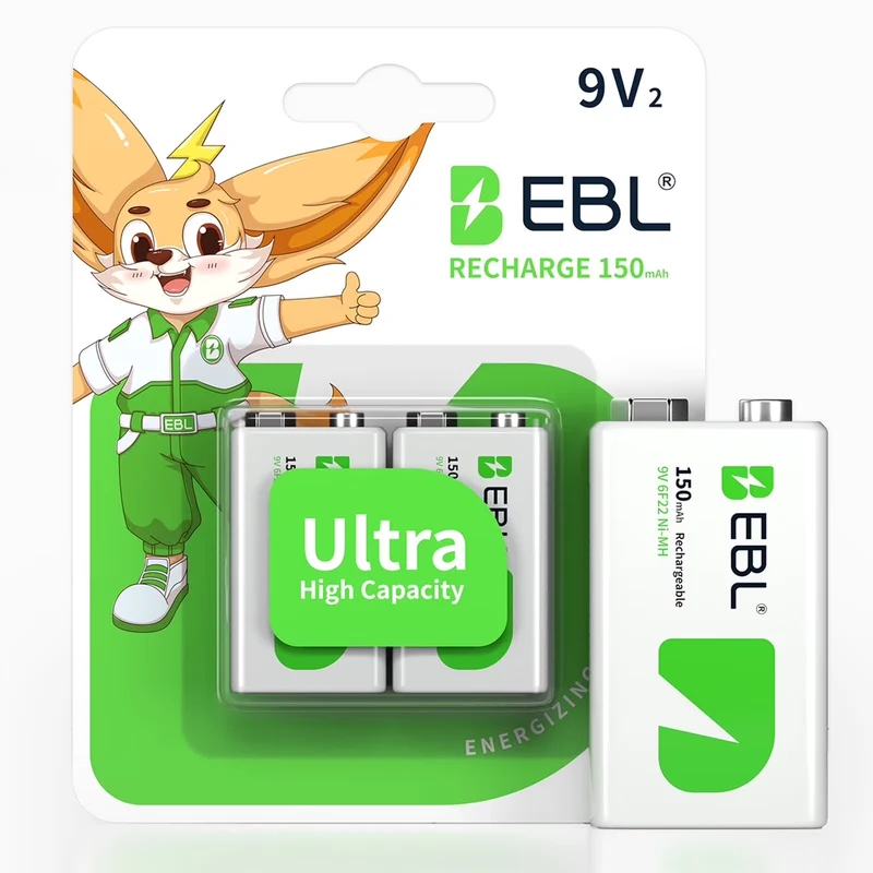 EBL 9V Rechargeable Batteries NiMH Everyday 150mAh 9V Battery for Household and Office Devices , 2-Packs
