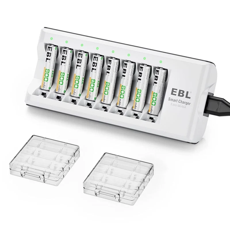 EBL 8 Pack of AAA Batteries NiMH Rechargeable Batteries 1.2V 800mAh with Smart 8-Slot Battery Charger for AA AAA Battery