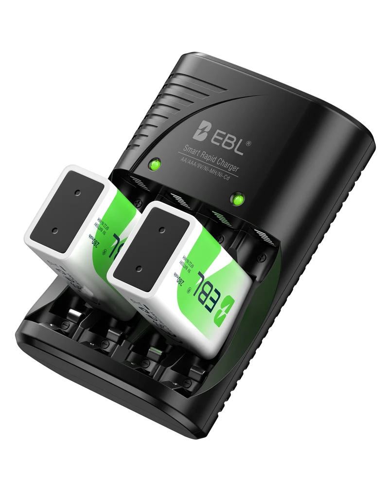 EBL 3 in 1 Smart Battery Charger with 2 Rechargeable 9V Batteries for AA AAA 9V NiMH NiCd Rechargeable Batteries Camera Flashlight Smoke Detectors Microphones US Plug