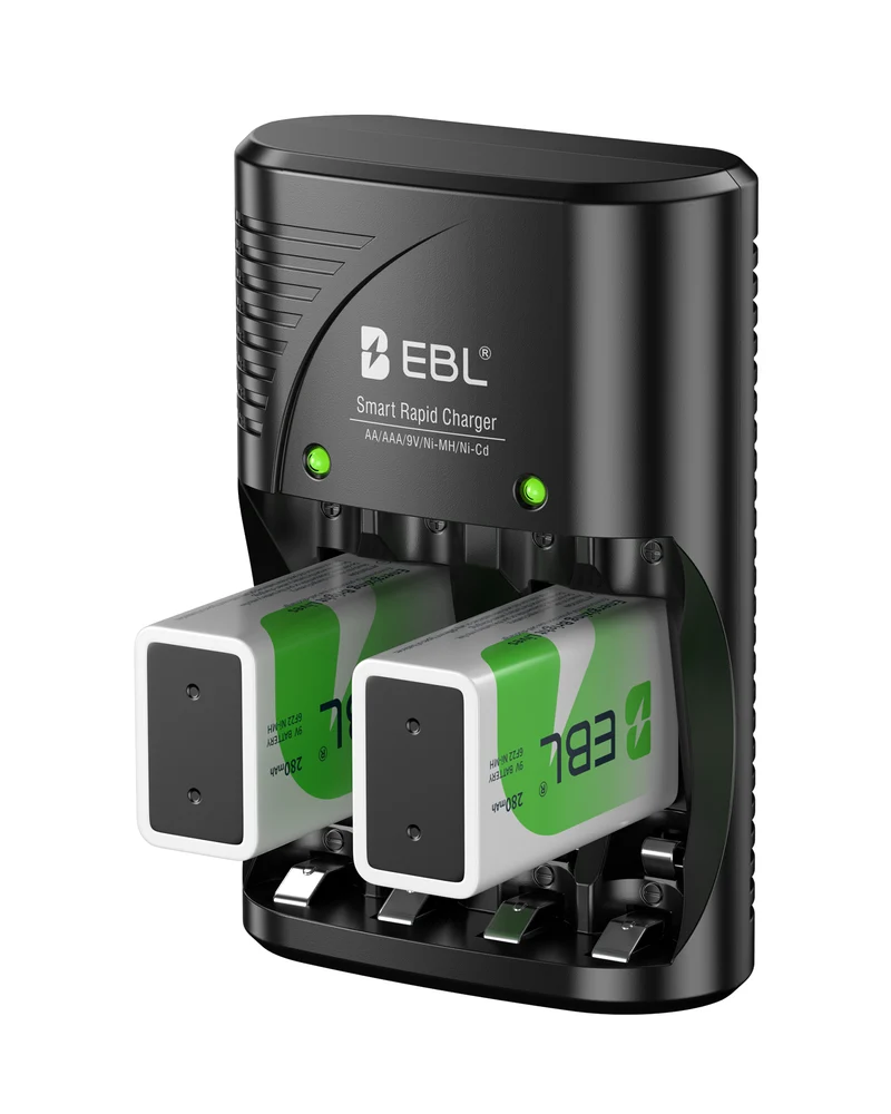 EBL 3 in 1 Smart Battery Charger with 2 Rechargeable 9V Batteries for AA AAA 9V NiMH NiCd Rechargeable Batteries Camera Flashlight Smoke Detectors Microphones US Plug