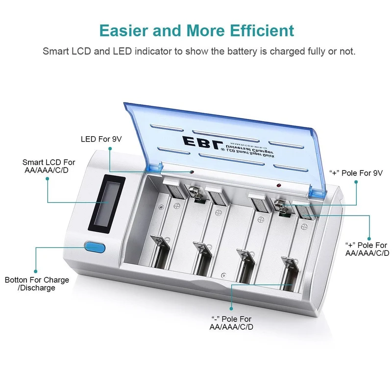 【UK】EBL 906 LCD Smart Battery Charger with C D Rechargeable Batteries