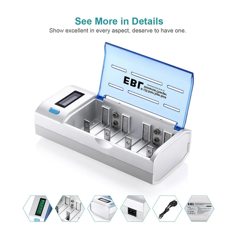 【UK】EBL 906 LCD Smart Battery Charger with C D Rechargeable Batteries