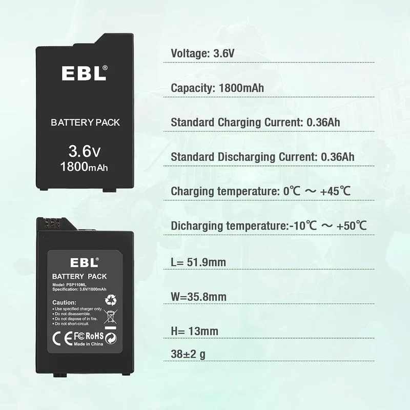 【UK】EBL Rechargeable Battery 1800mAh for PSP 1000 1001