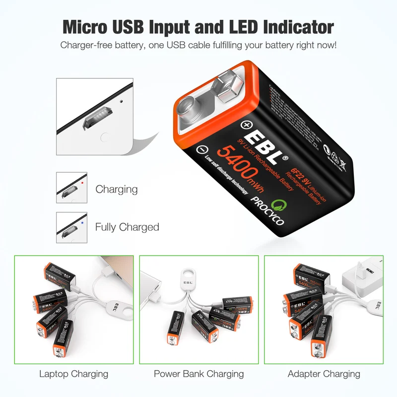 【UK】EBL USB Rechargeable 9V Li-ion Batteries 5400mWh