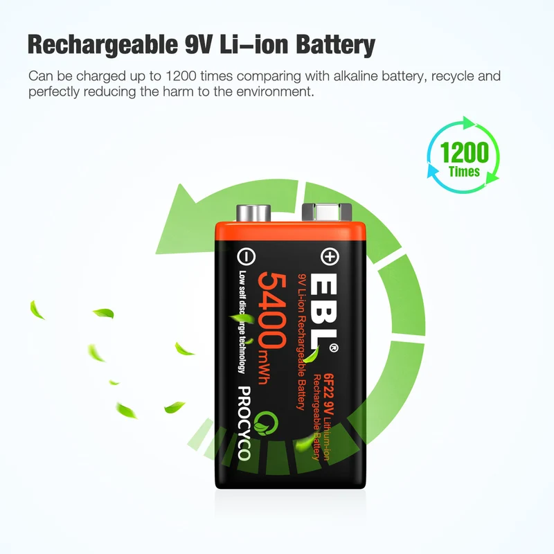 【UK】EBL USB Rechargeable 9V Li-ion Batteries 5400mWh