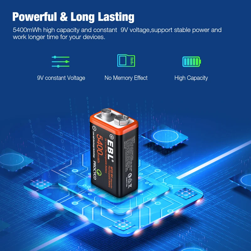 【UK】EBL USB Rechargeable 9V Li-ion Batteries 5400mWh