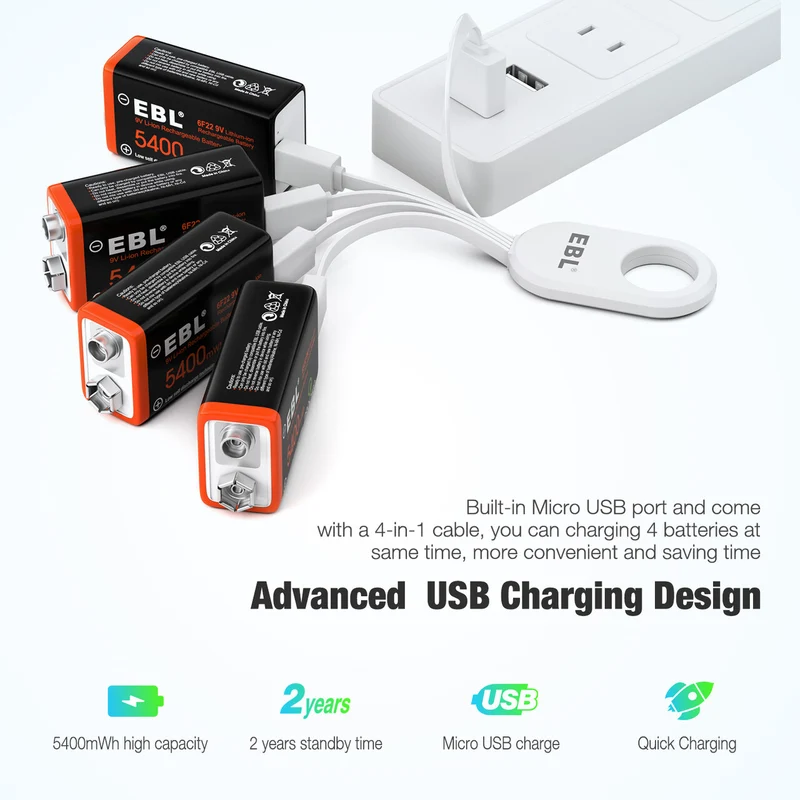 【UK】EBL USB Rechargeable 9V Li-ion Batteries 5400mWh