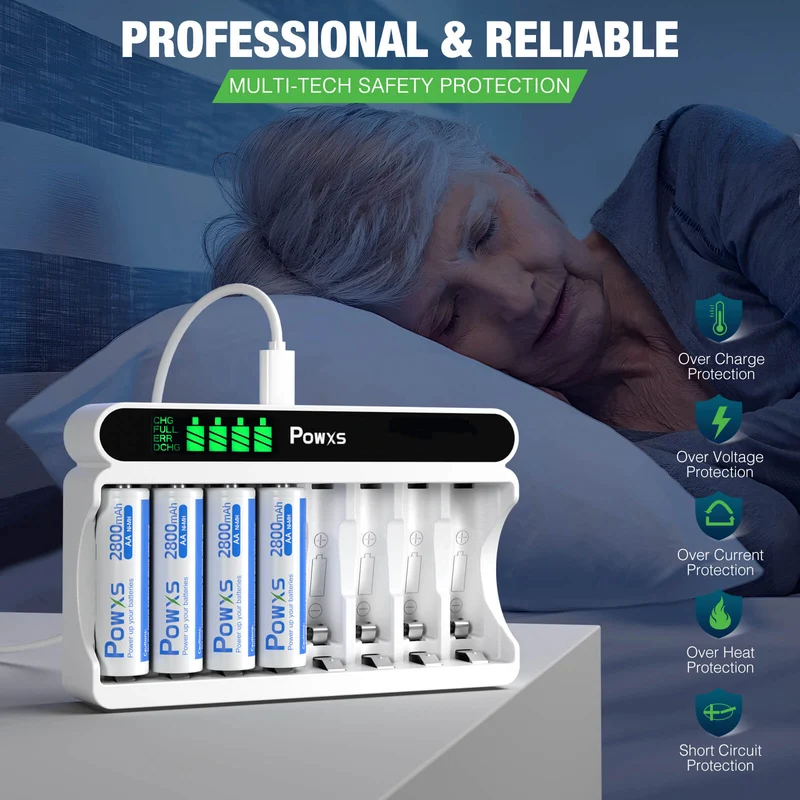 【UK】POWXS 8 Slot USB Charger for AA AAA Ni-MH Rechargeable Batteries