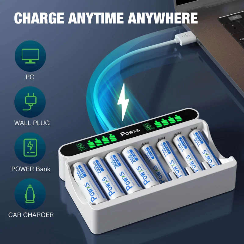 【UK】POWXS 8 Slot USB Charger for AA AAA Ni-MH Rechargeable Batteries