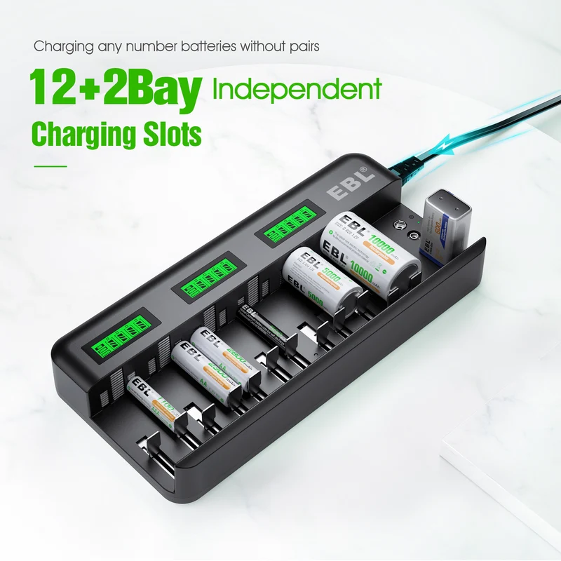 【UK】EBL 12+2 Bay Universal Battery Charger for AA AAA C D 9V Batteries