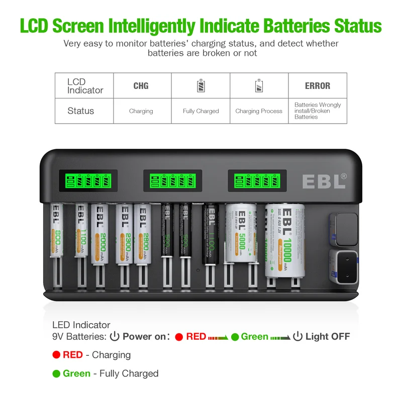 【UK】EBL 12+2 Bay Universal Battery Charger for AA AAA C D 9V Batteries