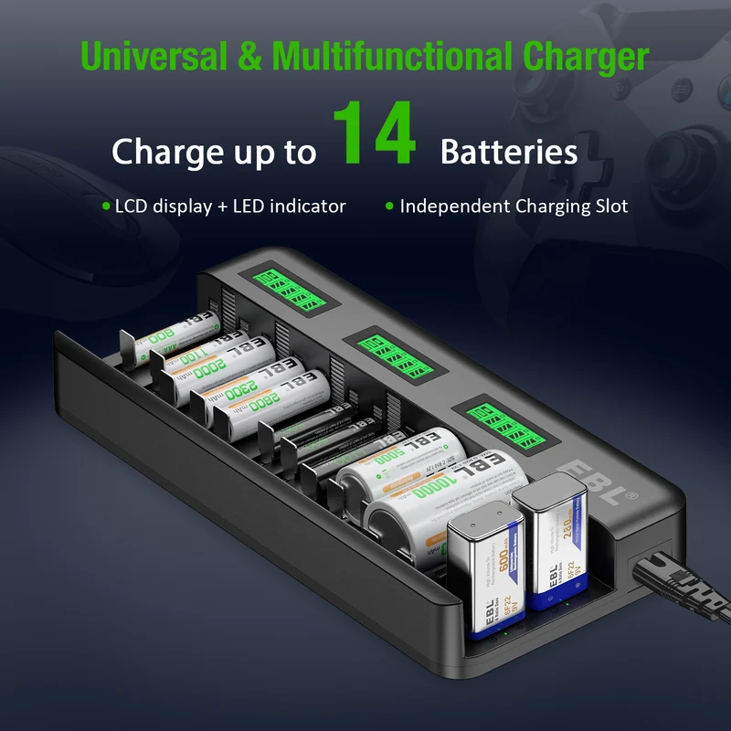 【UK】EBL 12+2 Bay Universal Battery Charger for AA AAA C D 9V Batteries