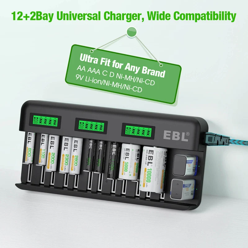 【UK】EBL 12+2 Bay Universal Battery Charger for AA AAA C D 9V Batteries