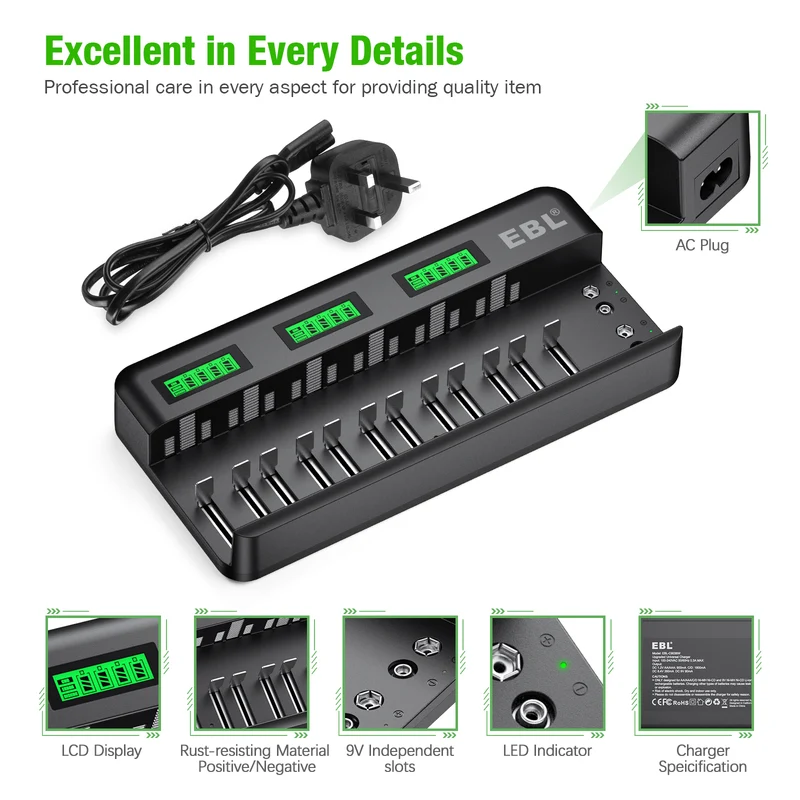 【UK】EBL 12+2 Bay Universal Battery Charger for AA AAA C D 9V Batteries
