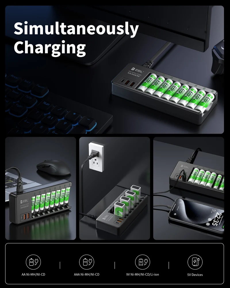 EBL AA AAA 9V Individual Battery Charger with AA AAA 9V Batteries