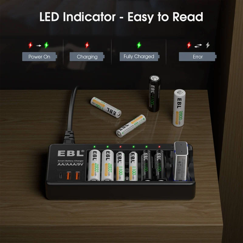 EBL AA AAA 9V Individual Battery Charger with AA AAA Batteries