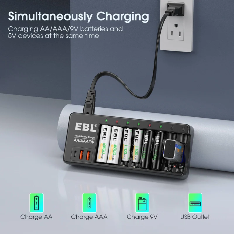 EBL AA AAA 9V Individual Battery Charger with AA AAA Batteries