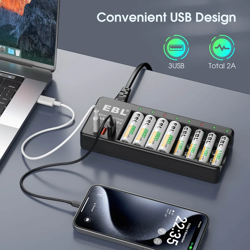 EBL AA AAA 9V Individual Battery Charger with AA AAA Batteries