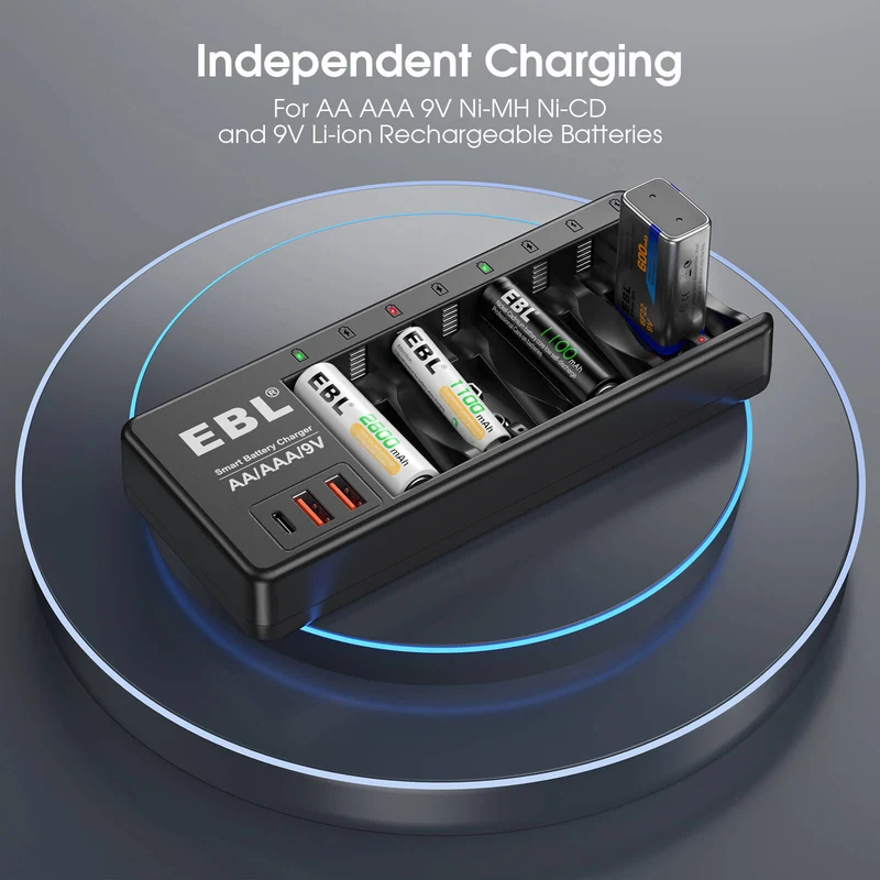 EBL AA AAA 9V Individual Battery Charger with AA AAA Batteries