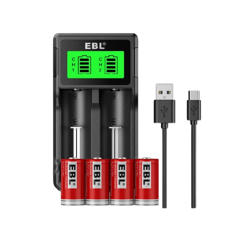 EBL 4Pcs 16340 RCR123A Rechargeable Batteries with SW-3K Battery Charger