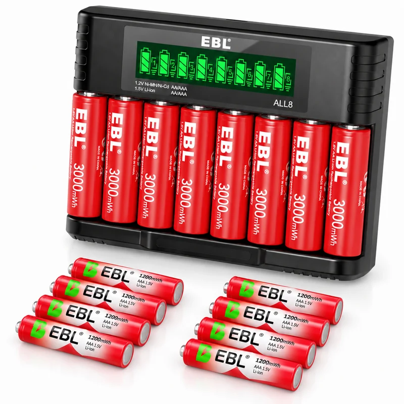 EBL 1.5V Rechargeable Lithium AA AAA Batteries with Charger for Cameras, Toys, Remotes & Smart Home Devices