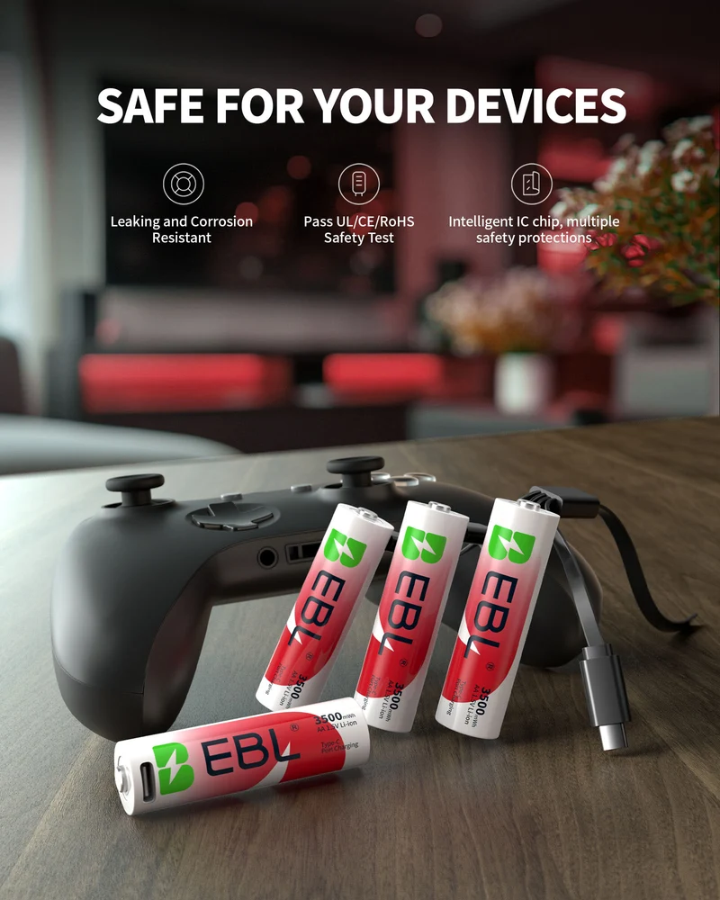 EBL Rechargeable Lithium AA Batteries 3500mWh (4 Pack) with USB-C Charging Cable, Fast Charging AA Batteries for Blink Camera, Xbox Controller, Smart Lock, Flashlight, Toys & High-Drain Devices