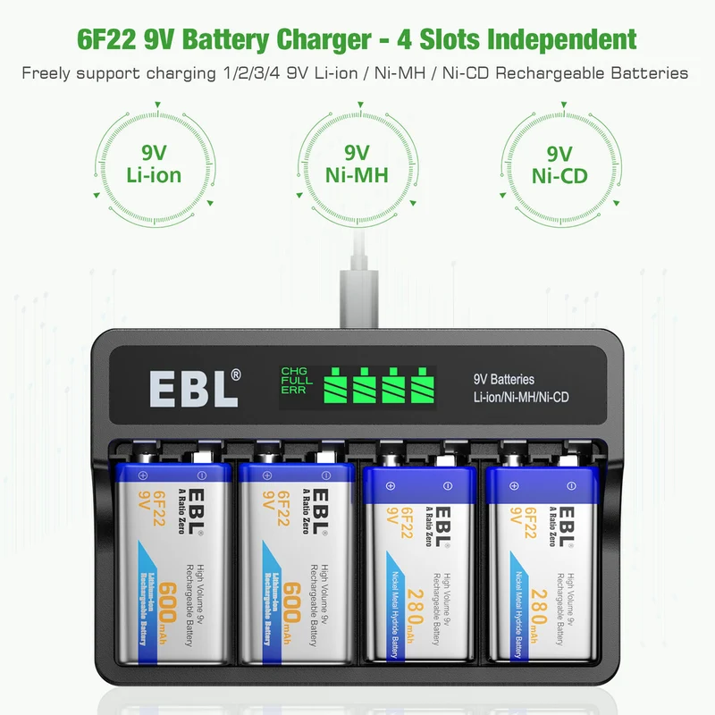 【CZ】EBL 4-Bay 9 Volt Battery Charger for 9V Li-ion Ni-MH Ni-CD Batteries