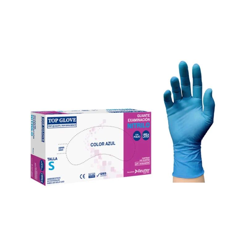 Guantes de Nitrilo Azul de Examinación Top Glove® de Reutter – Ligeramente Empolvados, Caja de 100 Unidades