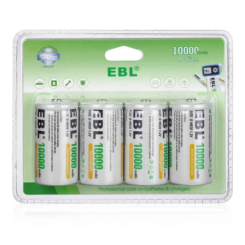 （🔥 Buy 4 Get 2 FREE – Limited Time Offer!）EBL Rechargeable D Batteries 10000mAh New Retail Package