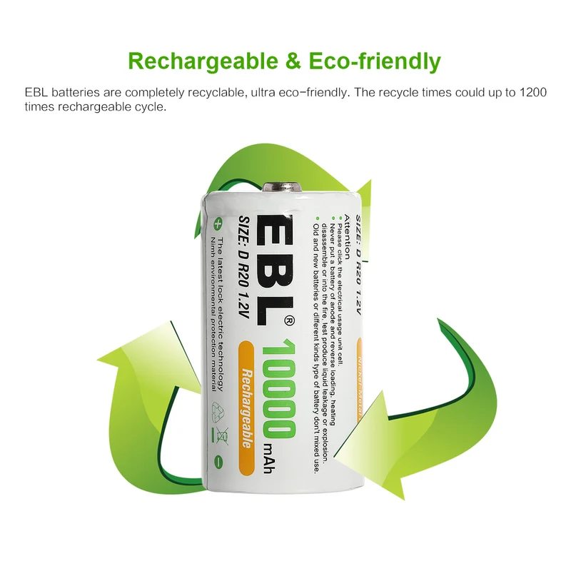 （🔥 Buy 4 Get 2 FREE – Limited Time Offer!）EBL Rechargeable D Batteries 10000mAh New Retail Package