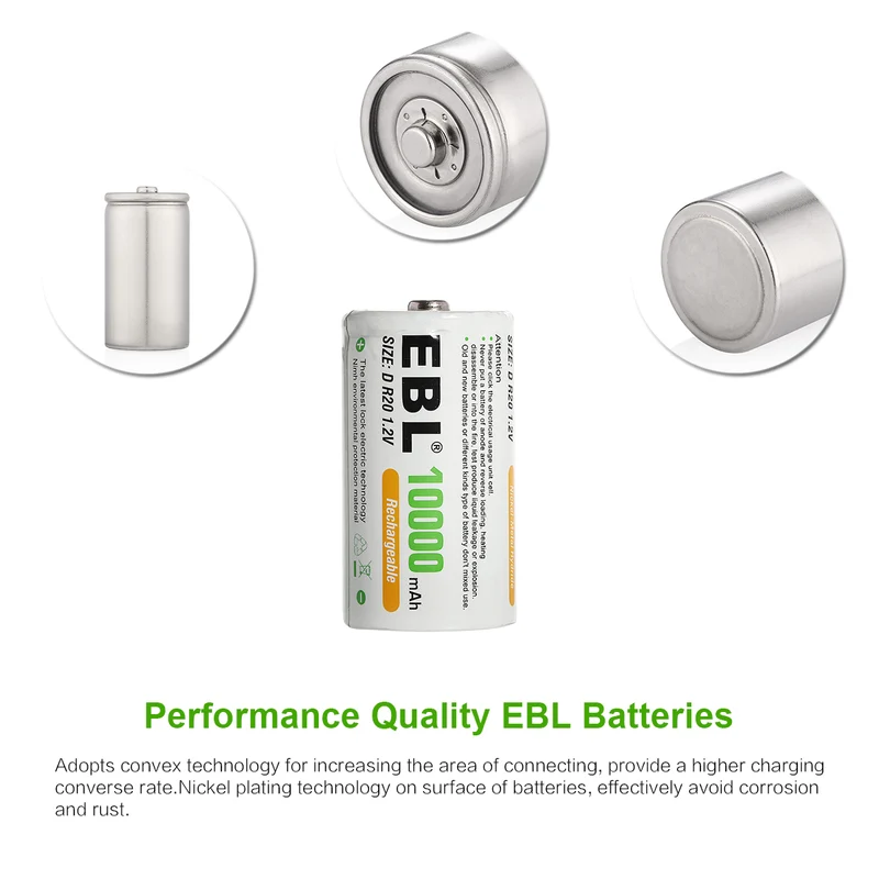 （🔥 Buy 4 Get 2 FREE – Limited Time Offer!）EBL Rechargeable D Batteries 10000mAh New Retail Package