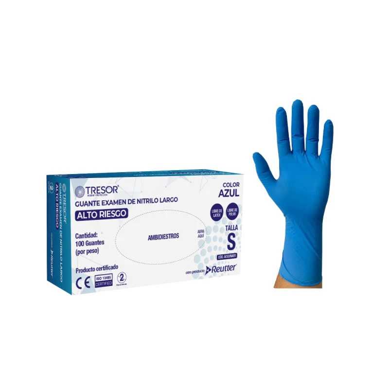 Guantes de Nitrilo de Examinación Largo de Alto Riesgo TRESOR® de Reutter – Caja de 100, Talla S