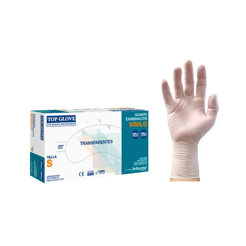 Guantes de Examinación de Vinilo Transparente Top Glove® – Sin Polvo, Caja de 100