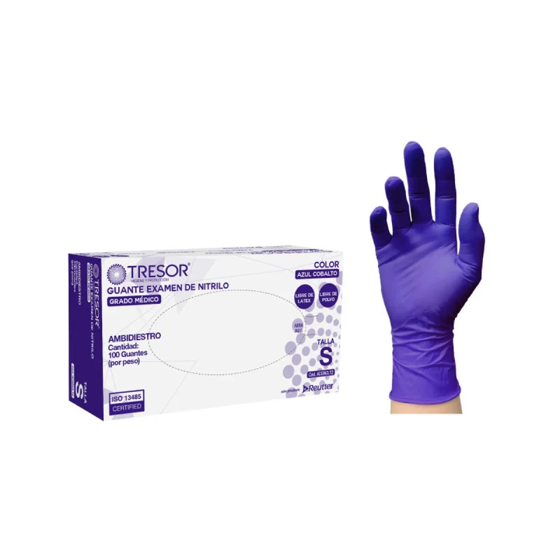 Guantes de Nitrilo Azul Cobalto de Examinación TRESOR® de Reutter – Sin Polvo, Caja de 100 Unidades