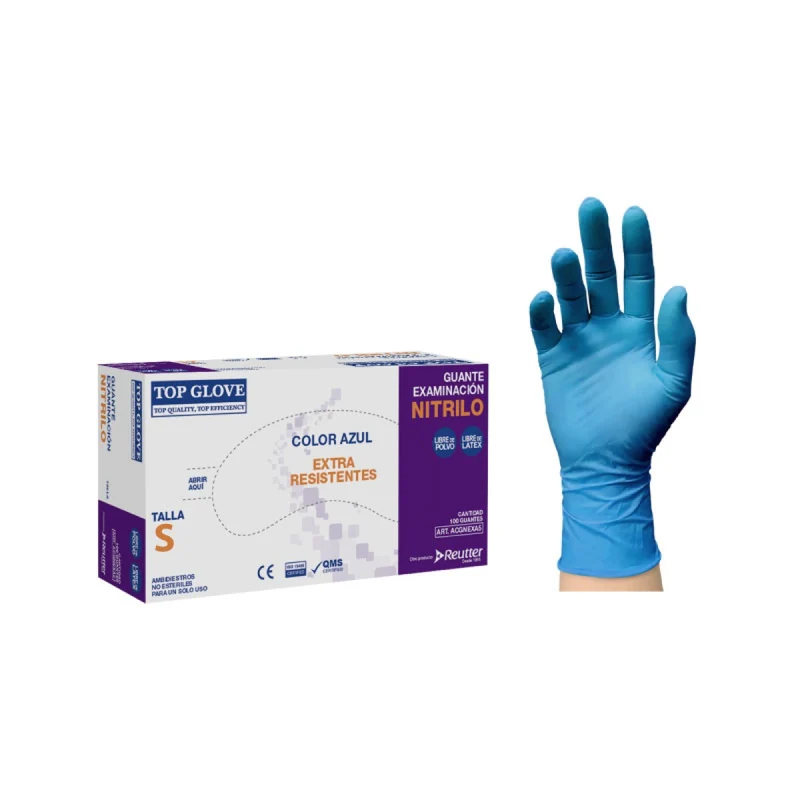 Guantes de Nitrilo Azul Extra Resistentes Top Glove® de Reutter – Sin Polvo, Caja de 100 Unidades