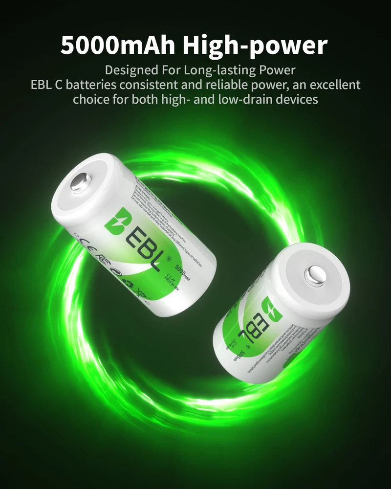 EBL Rechargeable C Batteries 5000mAh New Retail Package