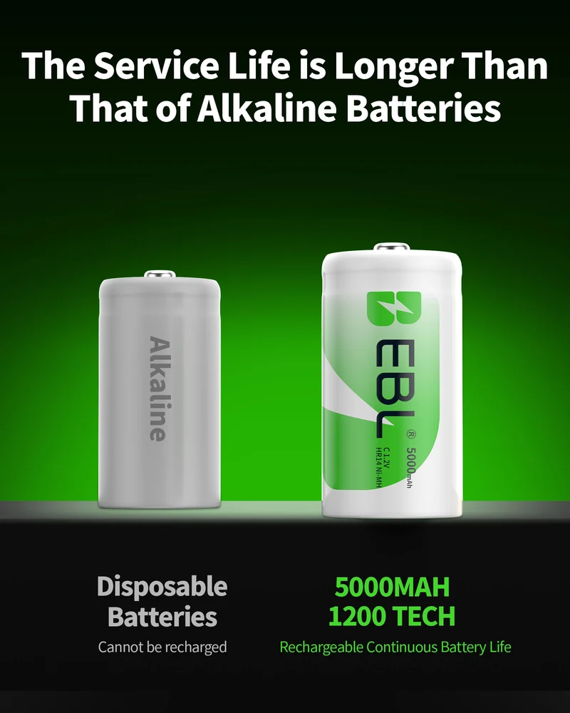 EBL Rechargeable C Batteries 5000mAh New Retail Package