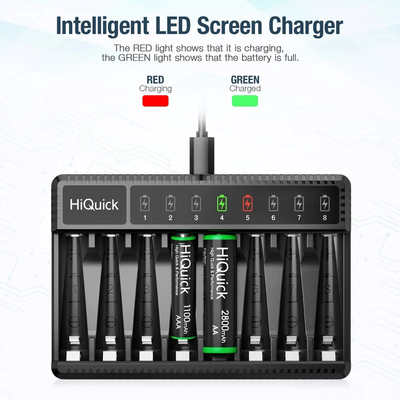 【CZ】HiQuick 8 Bay Smart Battery Charger with AA & AAA Rechargeable Batteries