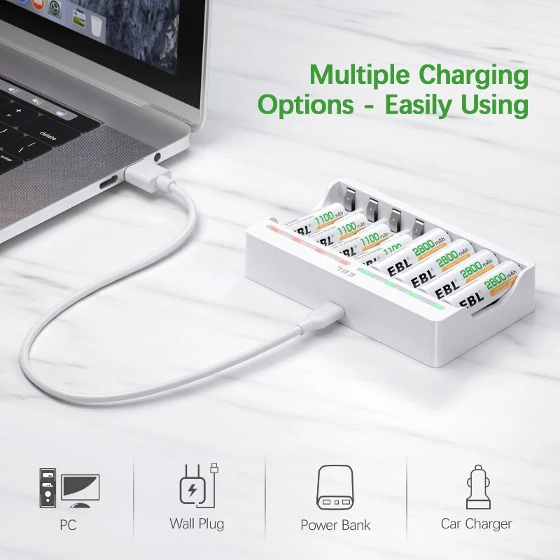 【CZ】EBL AA and AAA Rechargeable Batteries with 8-Bay Individual Battery Charger