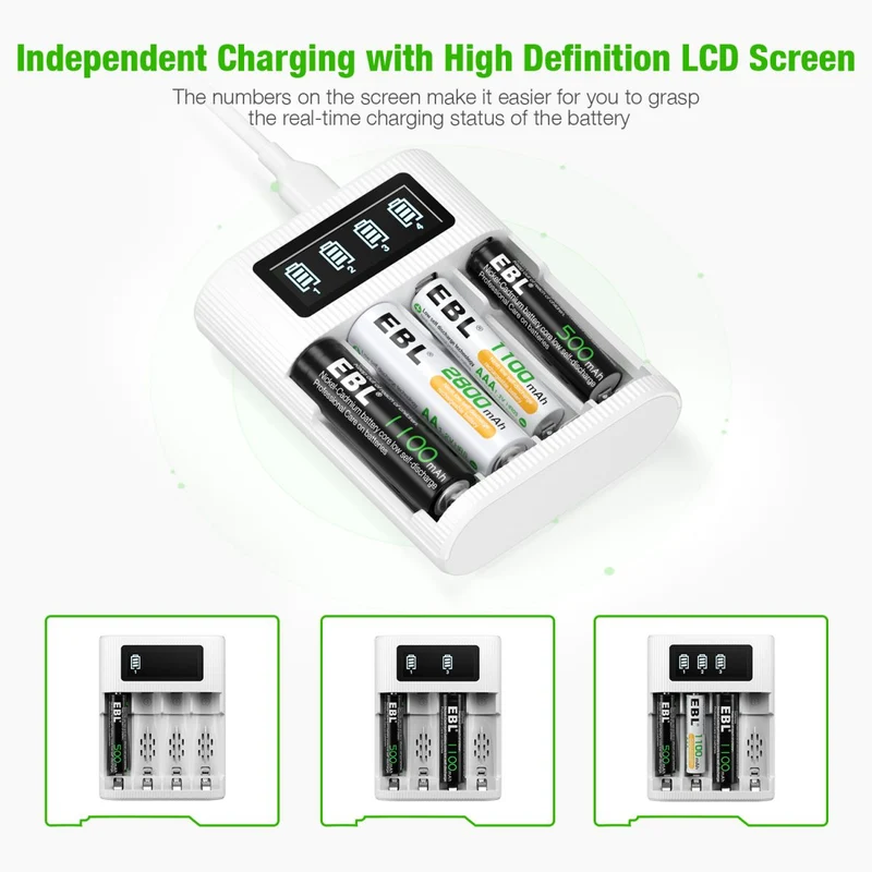 【CZ】EBL AA AAA Rechargeable Batteries with FY-409 4-Bay Individual LCD Charger