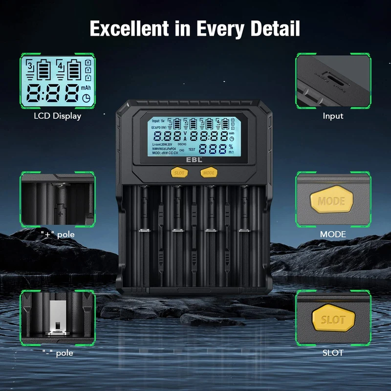 EBL PD4 Universal Battery Charger with 18650 Li-ion Batteries