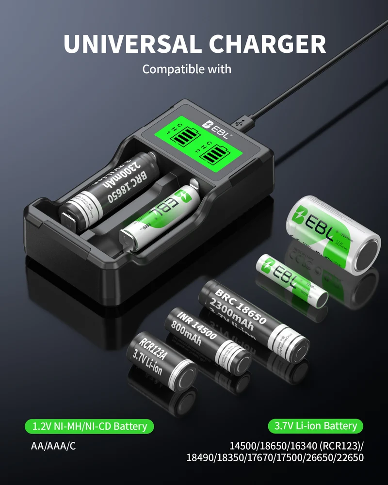 EBL Universal 18650 Battery Charger for 3.7V Li-ion 26650 22650 18490 18350 17670 17500 16340 14500 Batteries and AA AAA NiMH NiCd Rechargeable Batteries with LCD Display for Flashlight Headlamp Camera RC Toys