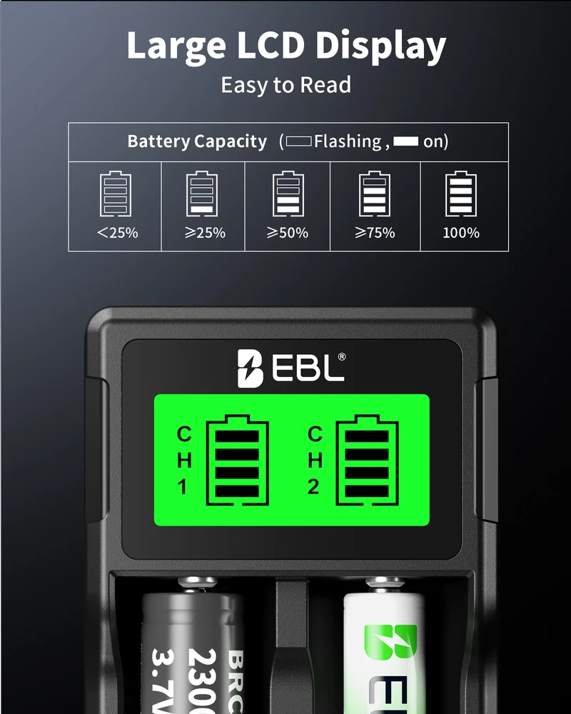 EBL Universal 18650 Battery Charger for 3.7V Li-ion 26650 22650 18490 18350 17670 17500 16340 14500 Batteries and AA AAA NiMH NiCd Rechargeable Batteries with LCD Display for Flashlight Headlamp Camera RC Toys