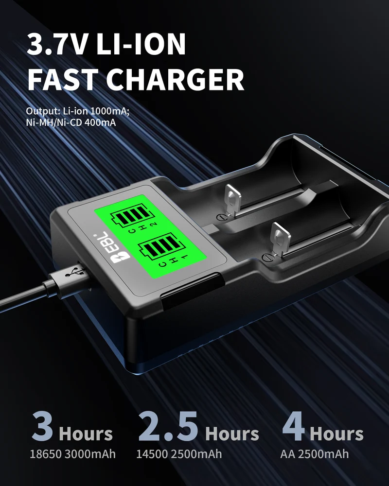 EBL Universal 18650 Battery Charger for 3.7V Li-ion 26650 22650 18490 18350 17670 17500 16340 14500 Batteries and AA AAA NiMH NiCd Rechargeable Batteries with LCD Display for Flashlight Headlamp Camera RC Toys