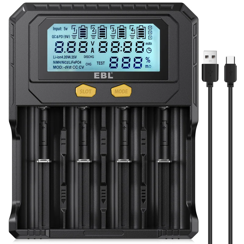 EBL PD4 4-Slot 18650 Battery Charger with LCD, Discharge & Capacity Test, USB-C Input