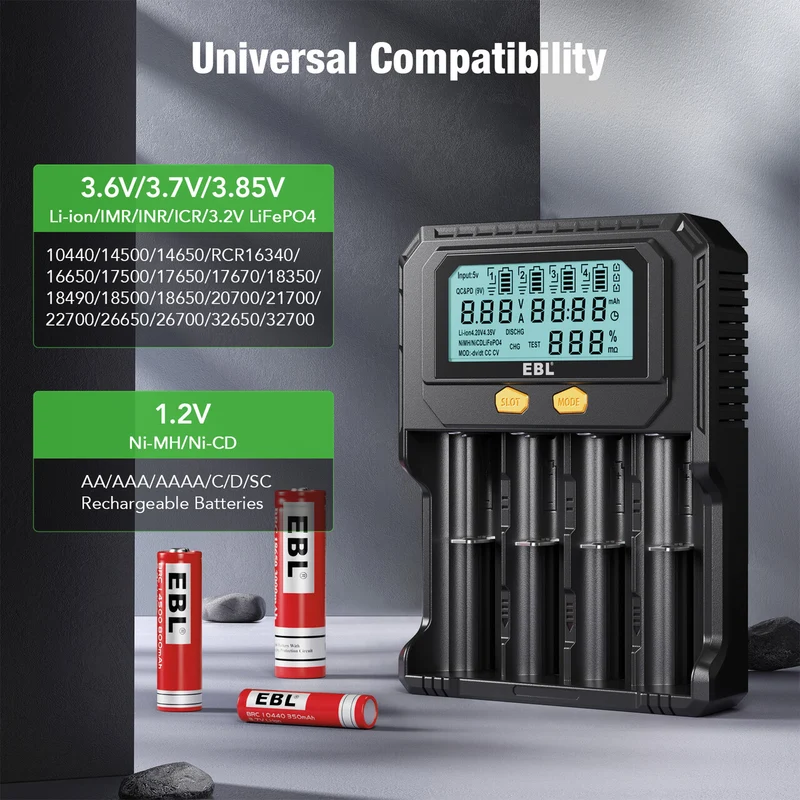EBL PD4 4-Slot 18650 Battery Charger with LCD, Discharge & Capacity Test, USB-C Input